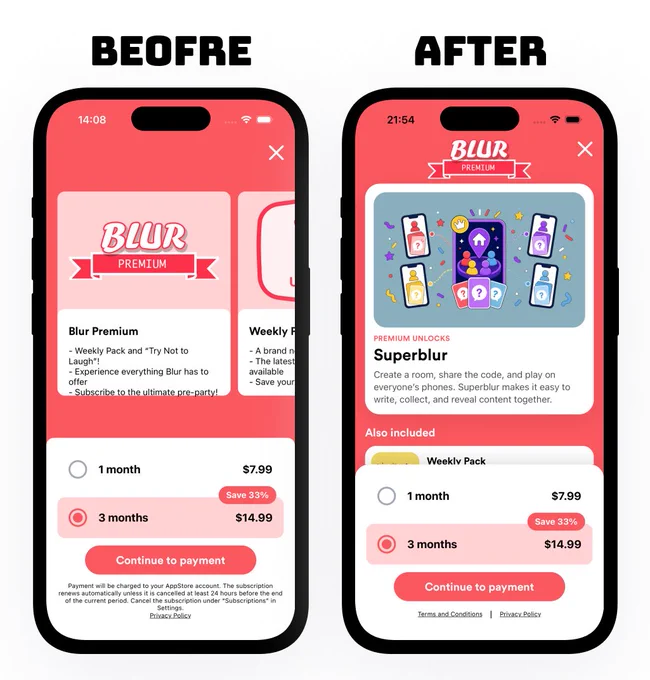Before and after image of a mobile app pay wall