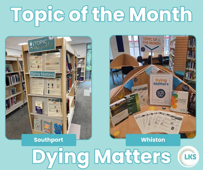 Across the top is the text Topic of the Month
Across the centre are 2 photographs - on the left is a display labelled Southport and on the right is a display labelled Whiston.
Across the bottom is the text Dying Matters and next to that is the Library logo.
