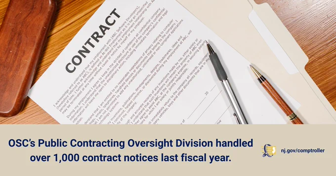 OSC’s Public Contracting Oversight Division handled over 1,000 contract notices last fiscal year. 
Logo and url of the New Jersey Office of the State Comptroller
