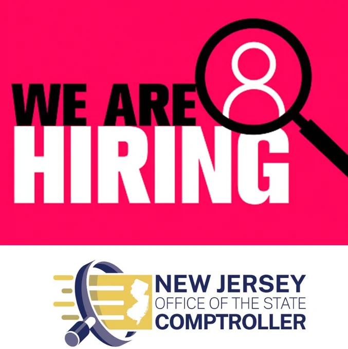 Graphic with text: We are hiring. Logo of the New Jersey Office of the State Comtproller