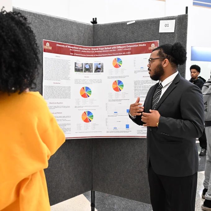 Daryl Bullock presents his research on mosquitoes at the 2026 UMES Undergraduate Research Symposium.