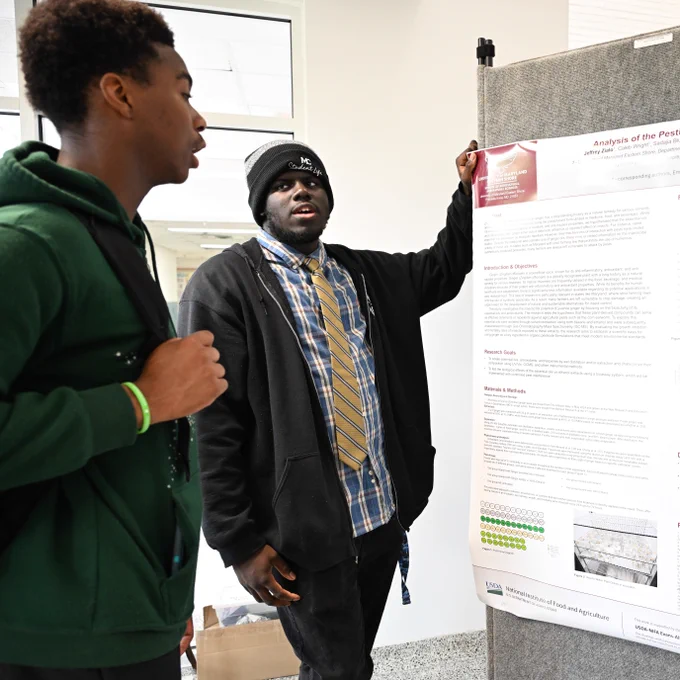 Jeffrey Zialo presents his research at the 2026 UMES Undergraduate Research Symposium.