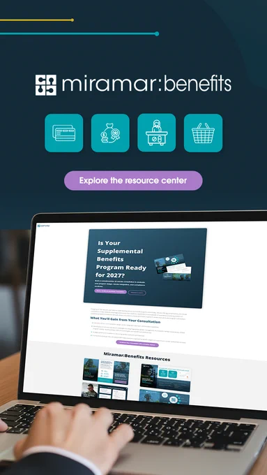 MiramarBenefits logo with icons and button "Explore the resource center" | Resource center landing page on laptop mockup