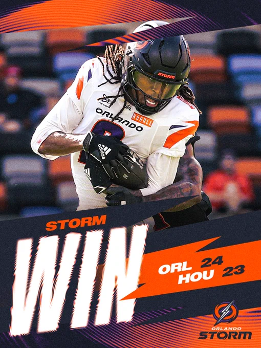 An Orlando Storm football player celebrates a close victory over Houston with a final score of 24-23. The scene showcases the player's energy and team spirit.