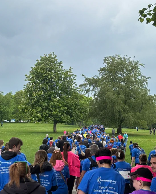A large group of people wearing blue shirts walking together through a park.