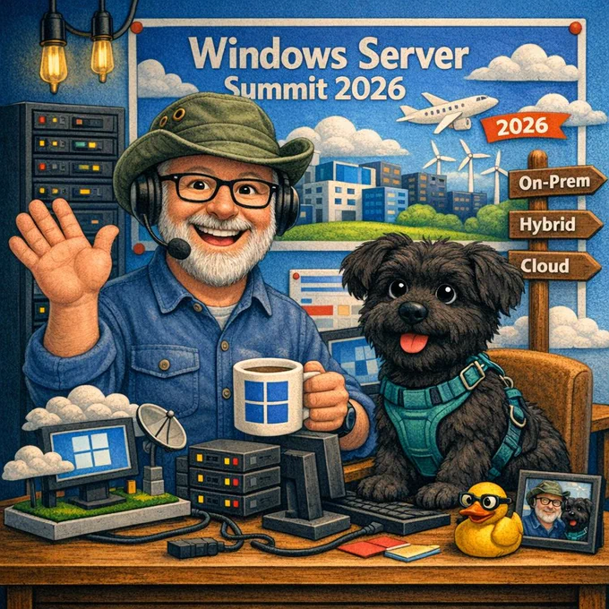 cartoon version of Rick Claus wearing a green hat drinking a coffee alonside bailee his black dog who is sitting at the desk with a computer. they are in a comical server room with a poster on the wall depicting the Windows Server Summit