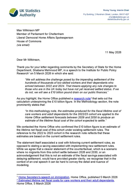 Page one of Penny Young's letter to Max Wilkinson MP about statements on the fiscal impact of settlement policy. The full letter is available in HTML through the link in the post.