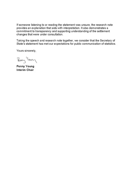 Page two of Penny Young's letter to Max Wilkinson MP about statements on the fiscal impact of settlement policy. The full letter is available in HTML through the link in the post.