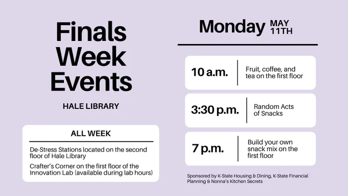 Finals Week Events at Hale Library. The schedule includes: 10 a.m. - Fruit, coffee, and tea on the first floor. 3:30 p.m. - Random Acts of Snacks. 7 p.m. - Build your own snack mix on the first floor. All week activities: De-Stress Stations on the second floor and Crafter’s Corner on the first floor during lab hours. Sponsored by K-State Housing & Dining, K-State Financial Planning, and Nonna’s Kitchen Secrets.