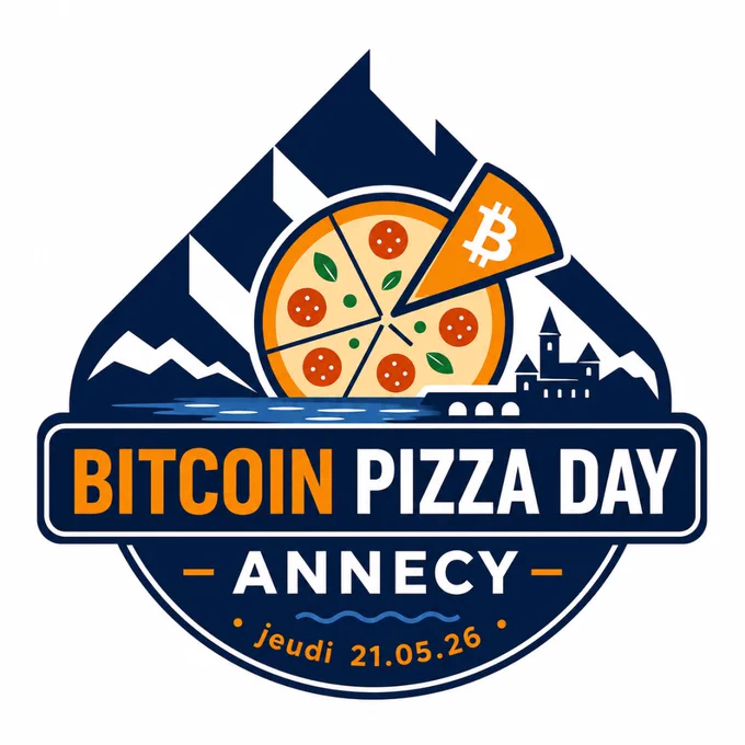 Logo de l’événement Bitcoin Pizza Day Annecy 2026, représentant une pizza avec le symbole Bitcoin devant les montagnes et le lac d’Annecy, avec la date jeudi 21.05.26.