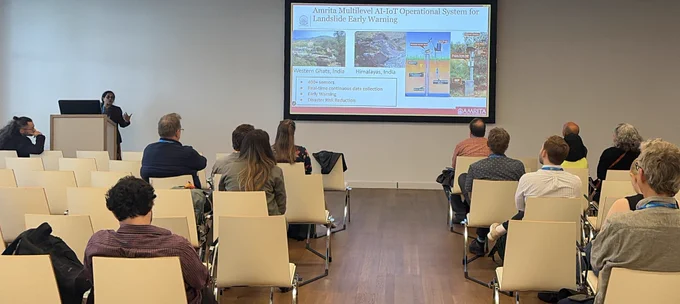 Amrita Research Showcased at the European Geosciences Union (EGU) General Assembly 2026 in Vienna. 

Amrita Pro Vice Chancellor, Dr.Maneesha Vinodini Ramesh, who is also the director of the Amrita Center for Wireless Networks and Applications showcased our multilevel IoT system for landlside Early warning. The Dean of our School for Social and Behavioral Sciences, Dr. Bhavani Rao R presented on "Ruin to relience: Integrating Psychosocial interventions - :Lessons from the 2004 Tsunami". 

Amrita researchers who also attended the talks included Dr. Hari Chandana Ekkirala, Dr. Aadityan Sridharan and PhD student Nitin Kumar. 

Amrita Vishwa Vidyapeetham was also re-conferred the title of World Centre of Excellence on Landslide Risk Reduction (WCoEs) for the 3rd time in a row by the International Programme on Landslides (IPL. 

Amrita Vishwa Vidyapeetham has successfully deployed the world’s first wireless sensor network system for detection and early warning of landslides in the Western Gh