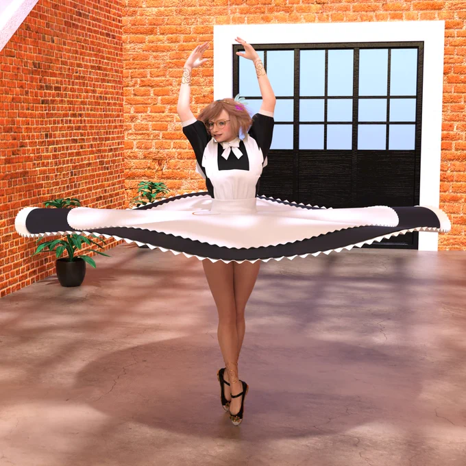 Ellie spinning at full power with her arms above her head, getting her skirt to maximum flight and flare.
