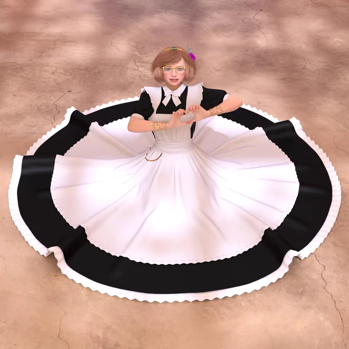 Ellie is now sitting on the floor with her skirt spread out around her, implying that she dropped down from her spin. She's making a heart with her hands as she smiles up at the camera.