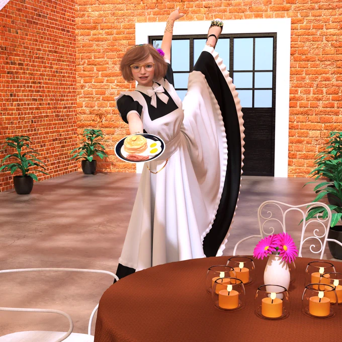 Ellie has danced her way over to a table, holding out the pancake, bacon, and egg plate toward the camera while one of her legs lifts up high on the other side, along with one of her arms to help her maintain balance.