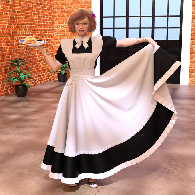 Ellie in a very long and very full black and white maid dress, smiling at the camera. There is a white underskirt with ruffles on the edge, and the white apron has ruffles too. Her left hand is holding her skirt out, and her right hand is holding a plate with pancakes, bacon, and eggs.