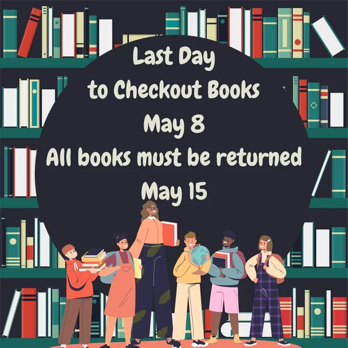 Illustration of a librarian and students in front of bookshelves with text about book checkout and return dates.
