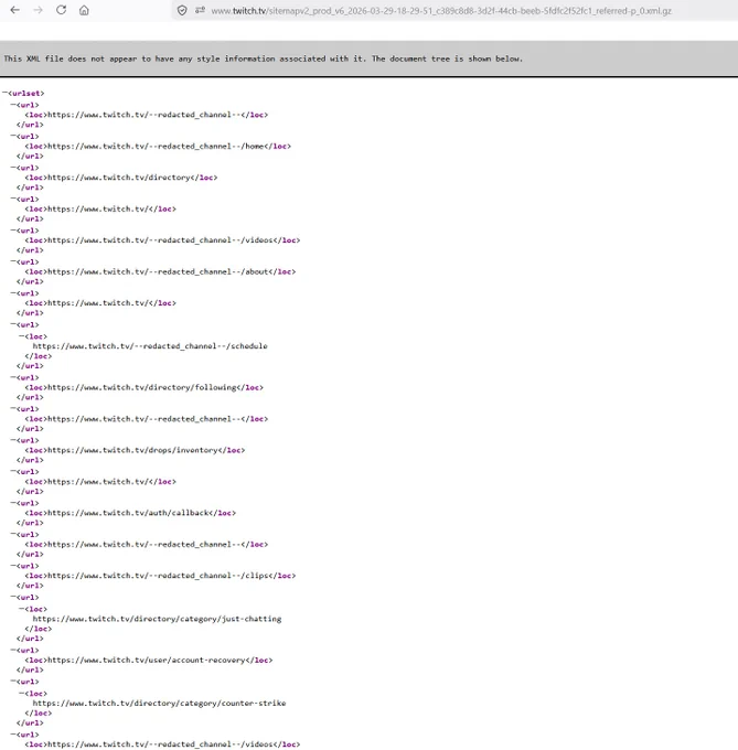 One of Twitch's Sitemaps which is linked from robots.txt file showing duplicate URL entries.
