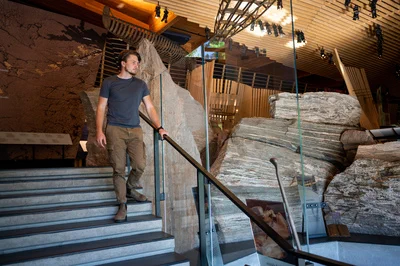 A person holding onto a railing walking down a set of stairs in a museum setting.