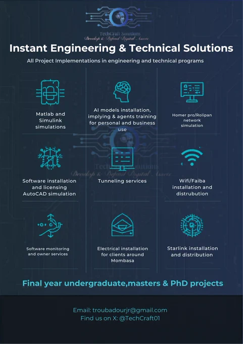 Striving for excellence in engineering and technical implementation? 🛠️we bridge the gap between concept and reality.Technical roadblocks shouldn't No longer stall your progress. 📉
Your one-stop shop for instant engineering and technical solutions TechCraft Solutions provides:
✅ Software installation & licensing (AutoCAD)
✅ Electrical, Starlink and Faiba Installations (Mombasa)
✅ AI agents & Tunneling services
✅Undergraduate, Masters, and PhD projects. Let’s build. 🚀
DM for inquiries or 📧 troubadourjr@gmail.com
#Engineering #TechSolutions #STEM #AcademicTwitter We’ve got the technical expertise you need. 💻
#TechCraft #EngineeringLife #MombasaTech #Innovation 
 #EngineeringKenya #AI #TechServices #FinalYearProject