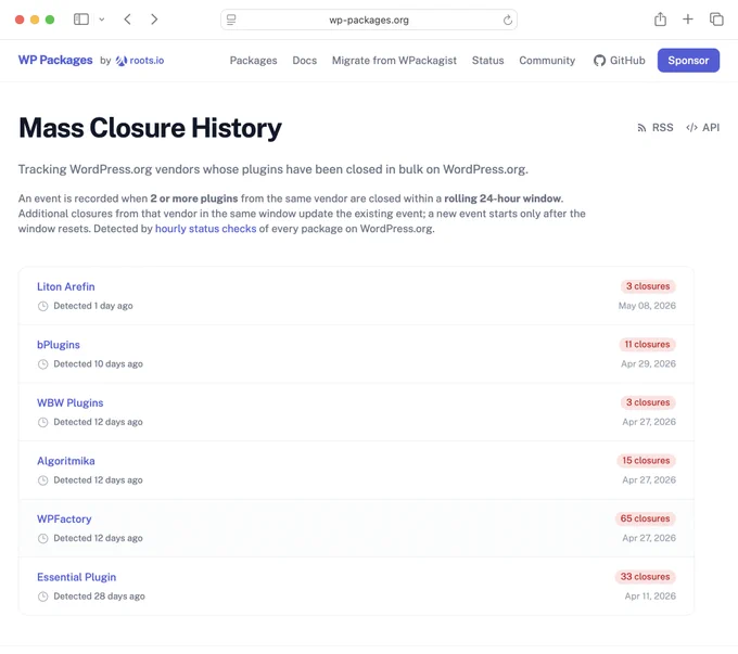 Screenshot of https://wp-packages.org/closures