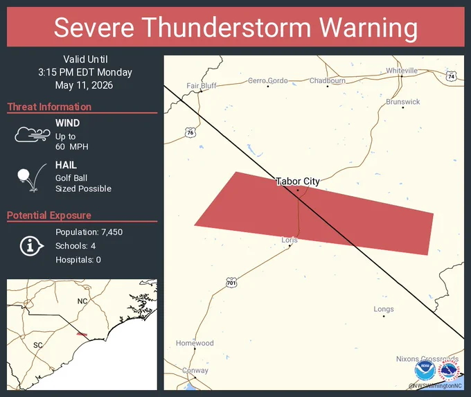 This graphic displays a severe thunderstorm warning plotted on a map. The warning is in effect until 3:15 PM EDT. The warning includes Tabor City NC.  This warning is for Southwestern Columbus and North Central Horry Counties. The threats associated with this warning are wind gusts up to 60 MPH and golf ball sized hail. There are 7,450 people in the warning along with 4 schools and 0 hospitals.