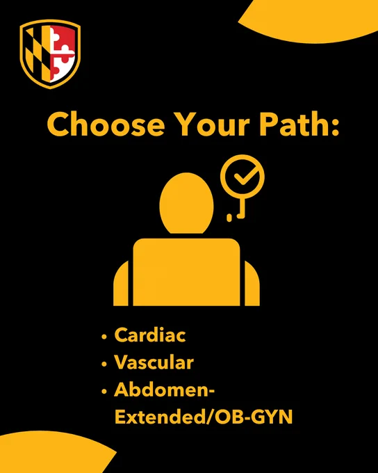 UMBC-branded graphic reading “Choose Your Path:” with icons and listed specializations: Cardiac, Vascular, and Abdomen-Extended/OB-GYN.