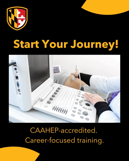 UMBC-branded graphic reading “Start Your Journey!” above a photo of a sonography technician performing an ultrasound exam. Text below reads: “CAAHEP-accredited. Career-focused training.