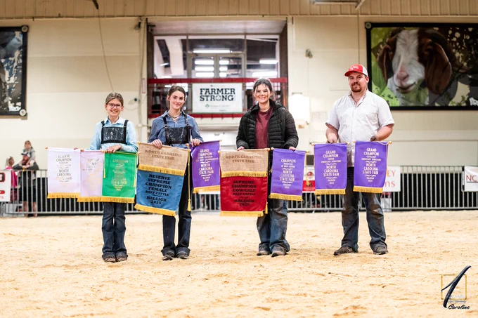 Four individuals, three women and one man, standing inside a livestock arena holding a variety of Grand and Reserve Champion ribbons from the N.C. State Fair. 