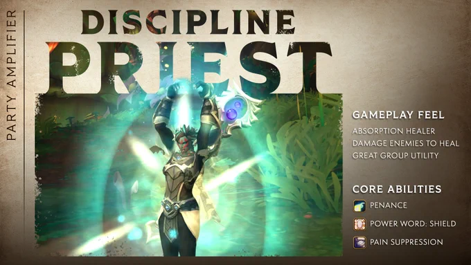 At the top of the infographic, it reads, \u201CDiscipline Priest,\u201D and right below it is a screenshot of a Discipline Priest casting a spell. She is dressed in armor, with glowing, Light energy surrounding her body. To the right of her are two columns; the top column header states \u201CGameplay Feel\u201D with the following points listed below: \"Absorption healer, damage enemies to heal, and great group utility.\u201D The bottom column header states \u201CCore Abilities\u201D with three listed below: Penance, Power Word: Shield, and Pain Suppression. To the left of the screenshot, it says \u201CParty Amplification.\u201D