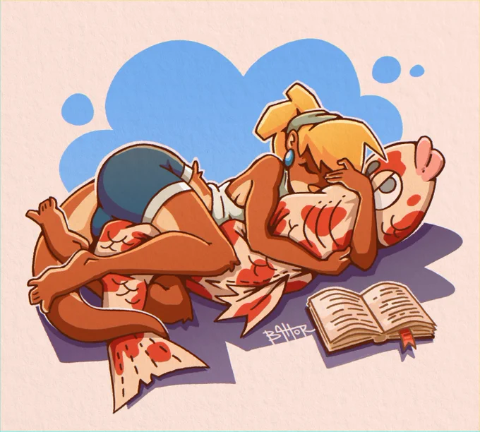 Anthro Otter sleeping with a fish-shaped dakimakura.