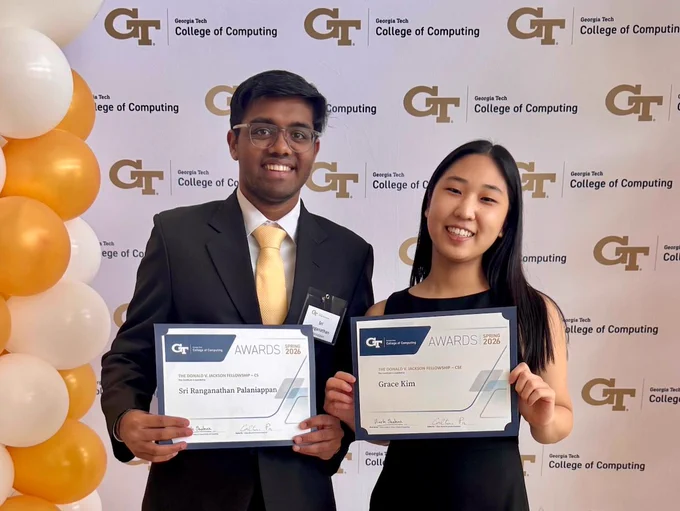 Photo of Sri Ranganathan Palaniappan and Grace Kim, recipients of the Donald V. Jackson Fellowship, at the 35th Annual College of Computing Awards Celebration on April 20, 2026