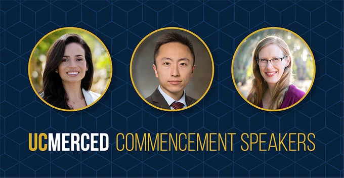 Three circular portraits of UC Merced commencement speakers against a dark blue geometric background with gold accents. Pictured from left to right are Christien Lindblöm ’11, Dr. Zi Wang '11, and Emily Reed ’07, Ph.D. ’13.
