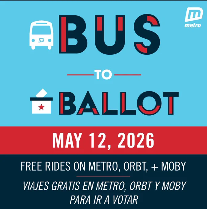 Graphic promoting free bus rides to polling stations on May 12, 2026, via Metro, ORBT, and Moby services.