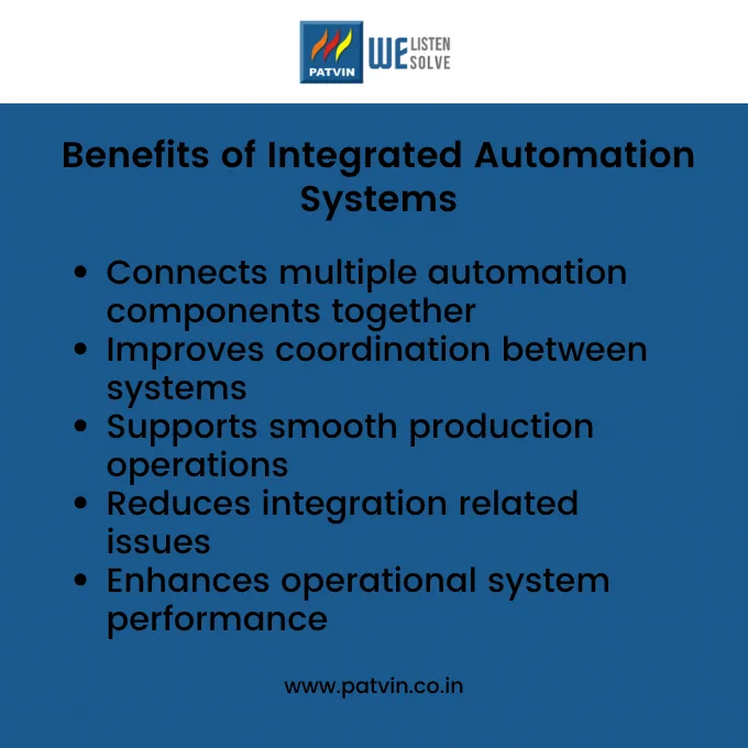 Patvin infographic highlighting benefits of integrated automation systems including improved coordination, smoother operations, and better system performance.
