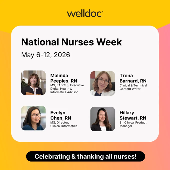 This image is a promotional graphic for National Nurses Week, celebrated from May 6-12, 2026, by Welldoc. It features four individual portraits labeled Malinda Peeples, RN; Trena Barnard, RN; Evelyn Chen, RN; and Hillary Stewart, RN, with their respective titles. The bottom of the image includes a message: "Celebrating & thanking all nurses!" The background features the Welldoc logo at the top.