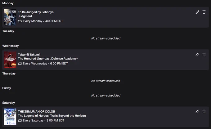 Monday: Judgment @ 4 EST/1 PST
Wednesday: Hundred Line 6 EST/ 3 PST
Saturday: Trails Beyond The Horizon @ 3 EST/12 PST