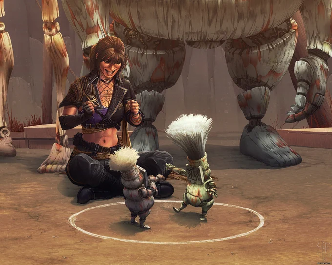 Illustration - scene from the Expedition 33 world showing the character Sciel (woman with mid-length, straight brown hair and olive/tanned skin, wearing "modern fantasy" style clothing consisting of black pants and boots, midriff-bearing purple shirt and black half-jacket, and multiple belts, scarves, and arm coverings in shades of black and gold) sitting cross-legged on the dirt. In front of her is a small, white, chalk ring with two tiny gestrals (construct-creatures that are approximately humanoid but appear to be made of wood) fighting in the ring. Behind her are two huge gestrals, partially pictured. Sciel is enthusiastically cheering on the fight in front of her.