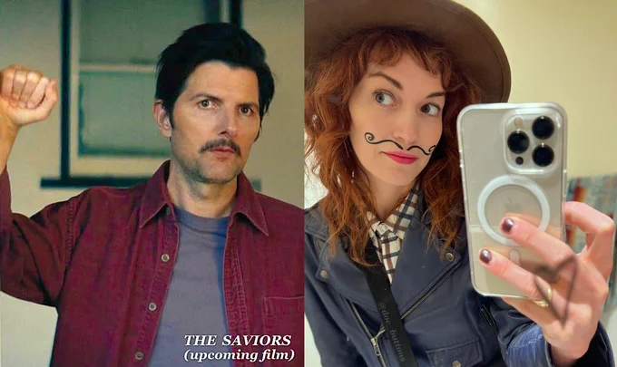 Parallels collages for @MarkHellyWeek!  
Theme: "mustaches"/neighbors 
Images from Adam Scott's upcoming film "The Saviors" and  Britt Lower's Instagram. Good luck to both of them at Cannes to get The Saviors and Sender picked up! 
#markhellyweek #markhellyweek2026 #severance