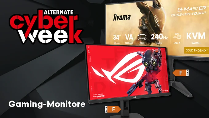 Werbegrafik zur „Alternate Cyber Week“ mit zwei Gaming-Monitoren vor dunklem Hintergrund. Zu sehen sind ein gebogener iiyama G-Master Monitor mit technischen Angaben wie „34 Zoll“, „240 Hz“ und „KVM Switch“ sowie ein ASUS ROG Monitor mit rotem Gaming-Motiv. Unten steht der Schriftzug „Gaming-Monitore“.