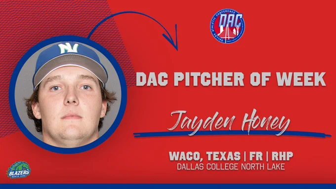 Dallas College North Lake baseball's Jayden Honey was named the Dallas Athletic Conference Pitcher of the Week. 