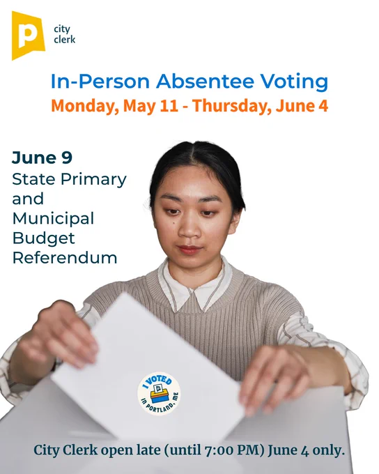 Woman casting absentee ballot with text about in-person absentee voting dates and state primary information in Portland, Maine.
