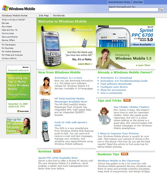 Windows Mobile website in 2005