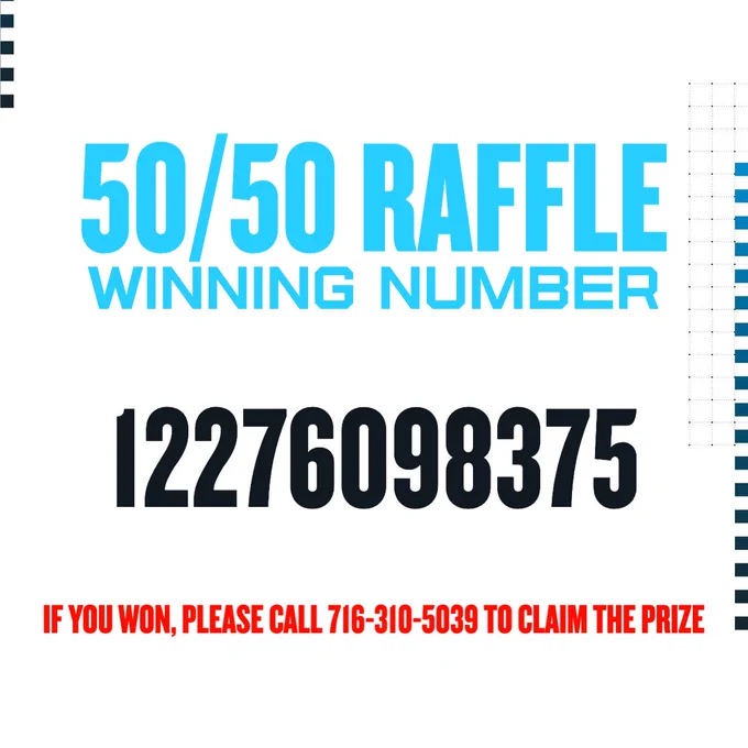 Graphic that reads "50/50 raffle winning number. 12276098375. If you won, please call 716-310-5039."