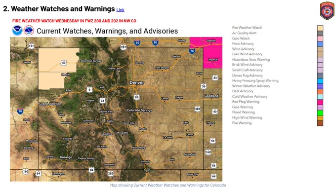 Map of Colorado indicating areas where the National Weather Service has issued a Fire Weather Watch