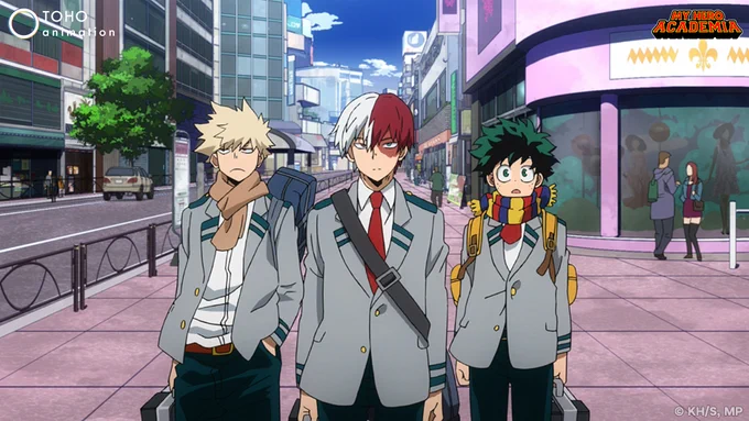Bakugo, Todoroki, and Midoriya from My Hero Academia Season 5 walk side by side down a city sidewalk.