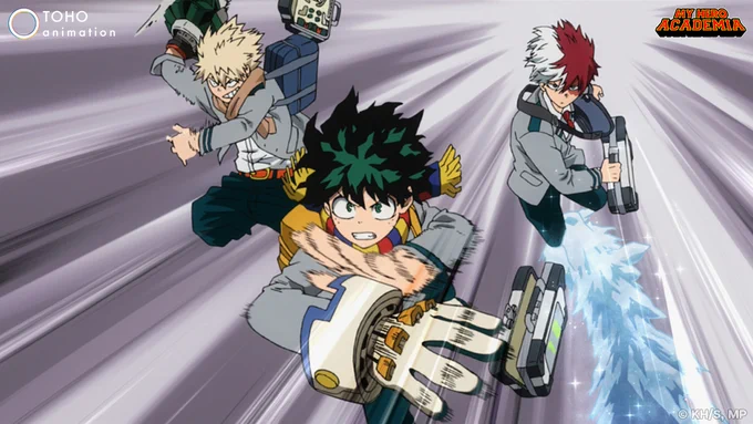 Bakugo, Midoriya, and Todoroki race forward while equipping gear.