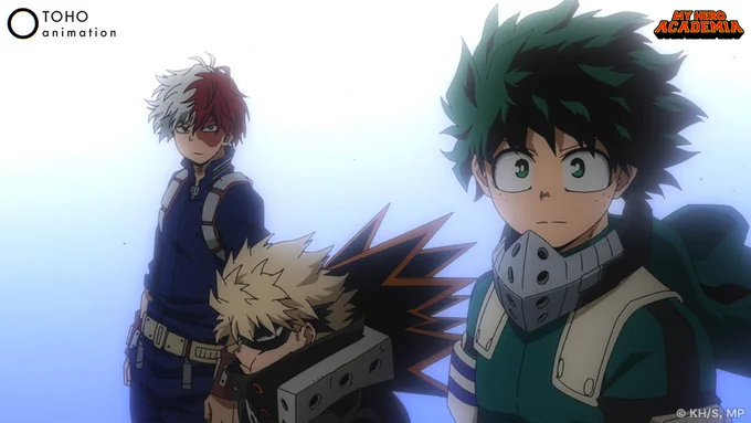A close-up of Todoroki, Bakugo, and Midoriya from My Hero Academia Season 5.