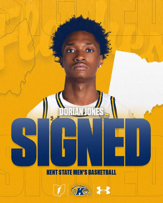 Promotional graphic announcing that Dorian Jones has signed with Kent State Men's Basketball. Jones is pictured on the left side from the chest up, wearing a white Kent State MAC jersey and looking directly at the camera. On the right, his name "Dorian Jones" appears in white text above the word "SIGNED" in large navy blue letters. Below reads "Kent State Men's Basketball." Logos for Ohio (lightning bolt), Kent State (golden eagle "K"), and Under Armour are displayed beneath. A white silhouette of the state of Ohio appears in the lower right corner. The background is gold with a subtle "SIGNED" watermark pattern.