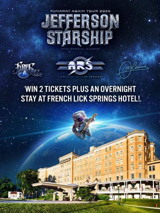 Concert poster for the "Runaway Again Tour 2026" featuring Jefferson Starship with special guests Firefall and Atlanta Rhythm Section. Includes promotional text for winning two tickets and an overnight stay at French Lick Springs Hotel. A cosmic background with Earth and a large hotel building is depicted, along with an astronaut playing a guitar.