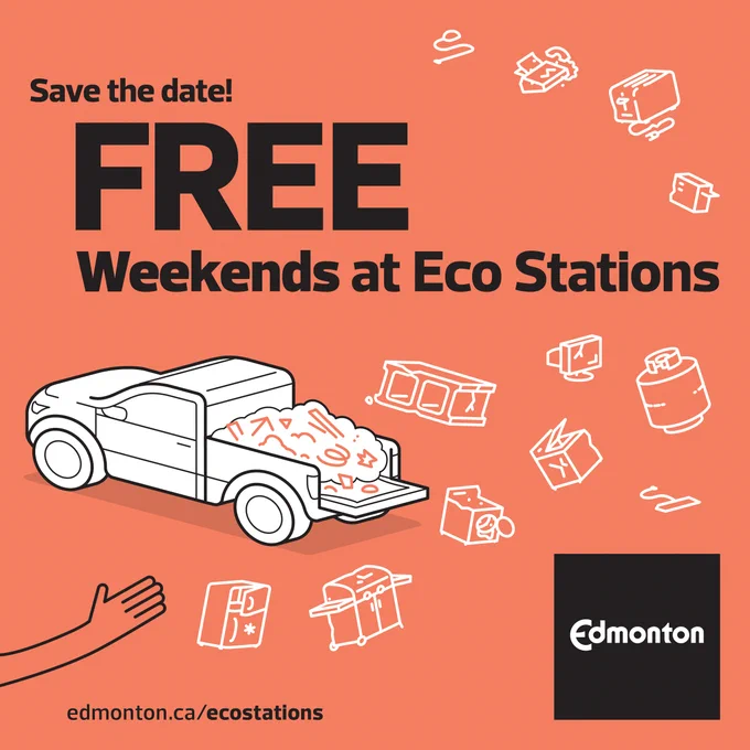 A truck with waste in it with a save the date for Free Eco Station Events.